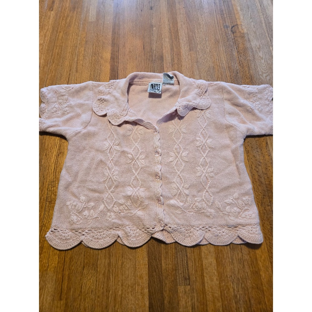 Mixed Blues Vintage Pink Floral Embroidered Scalloped Knit Cardigan Sweater M‎